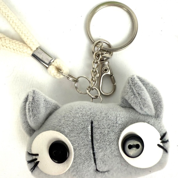 Cute Gray Cat Plush Keychain with Red Gingham Bow - Picture 4 of 9